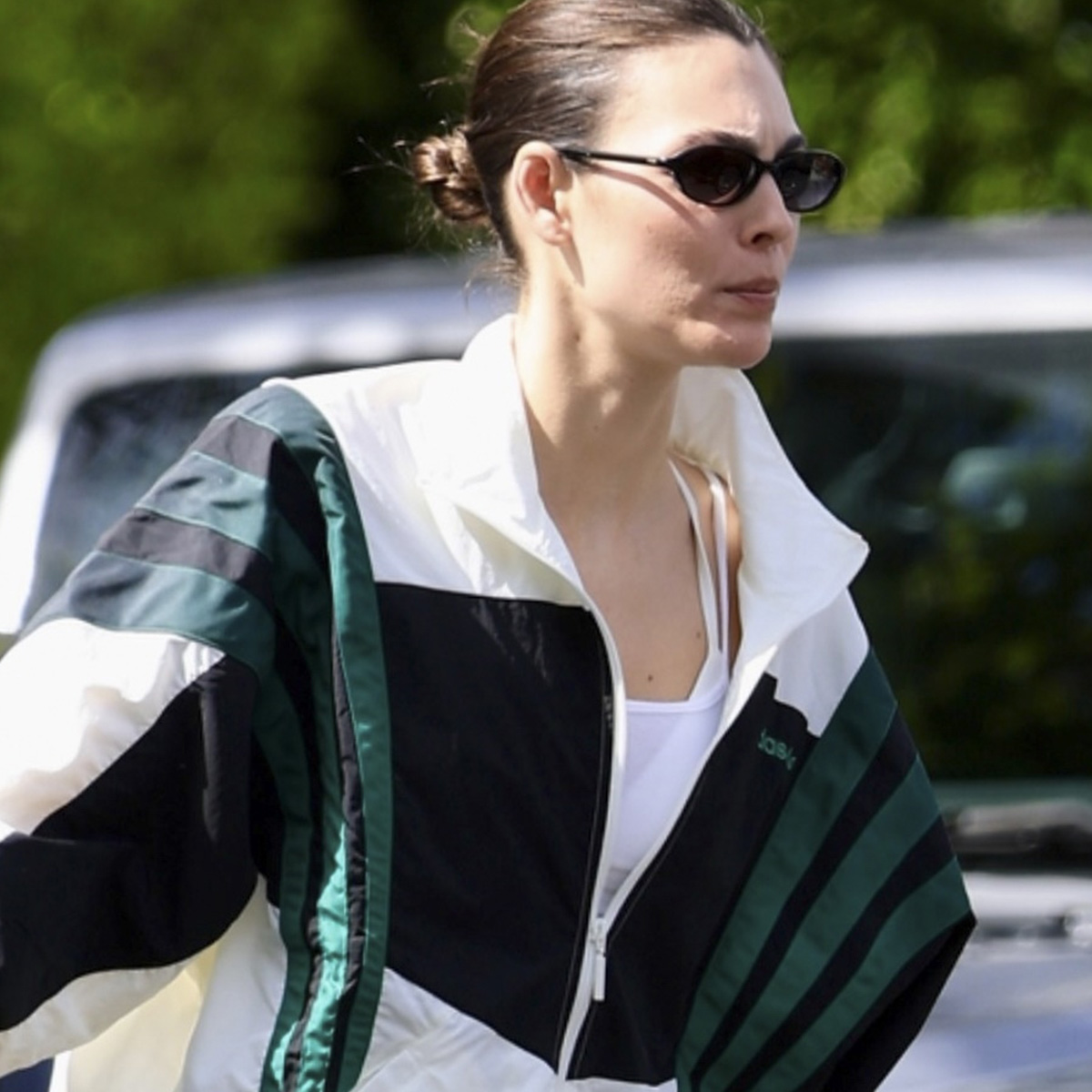 Italian supermodel Vittoria Ceretti is spotted leaving the gym in West Hollywood wearing a windbreaker, flared leggings, and white On sneakers.