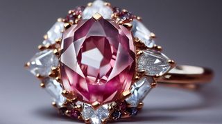 A jewelry illustration of a pink Argyle diamond ring set with white diamonds and a gold band.