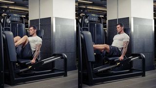 Man demonstrates two positions of the leg press exercise using a weights machine