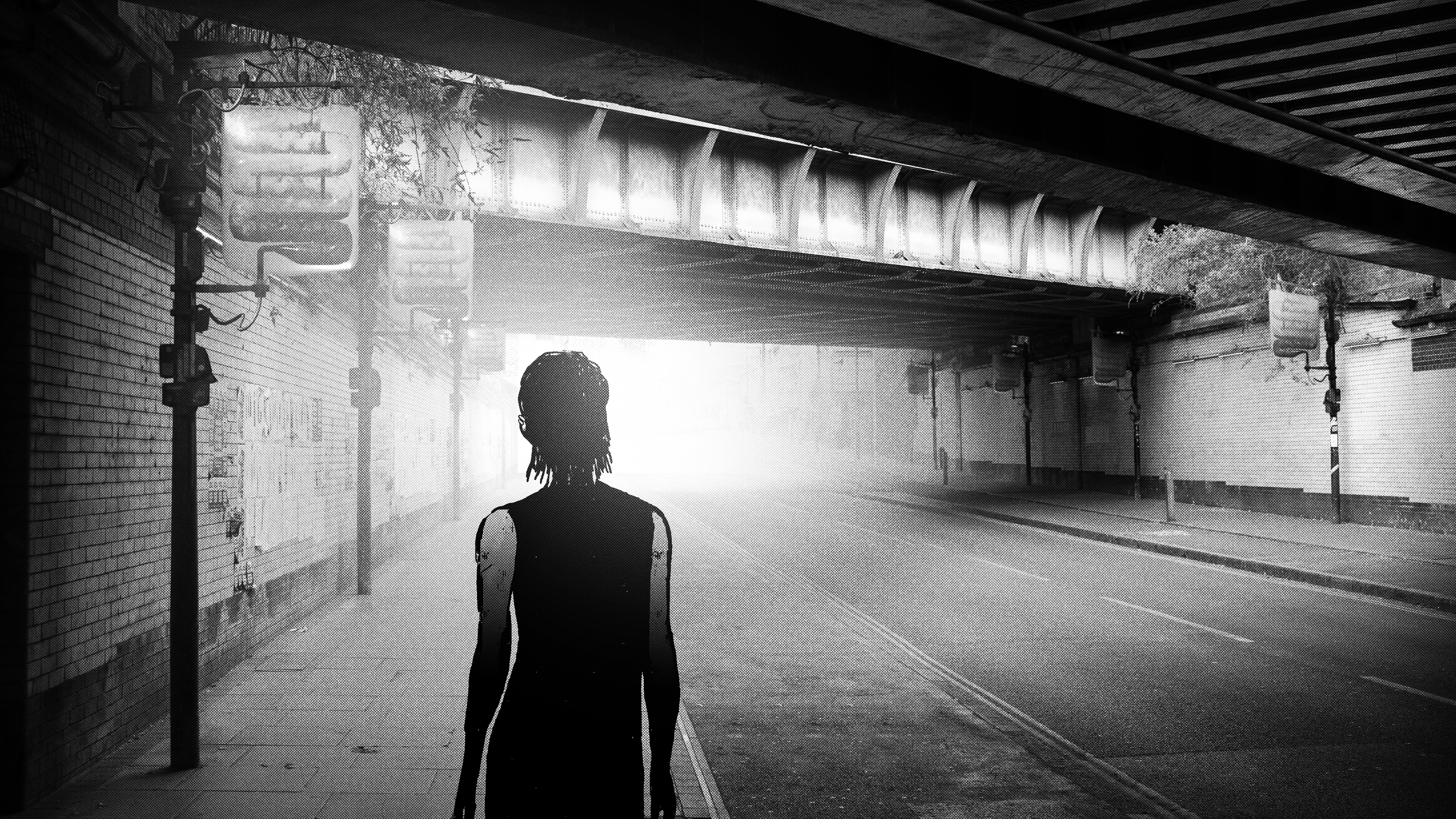 Black and white images from a video game, a city cast in mist, building and people appear as silhouette