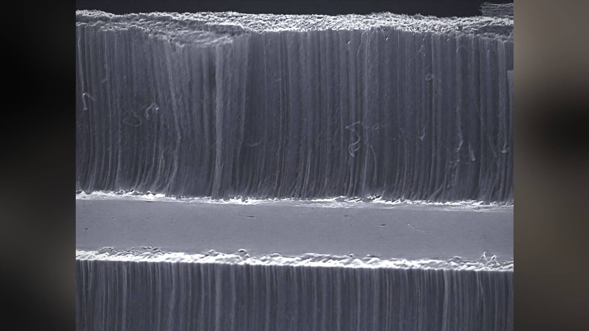 A close up cross-section of the carbon nanotube technology inside Carbice's CPU cooling pads.