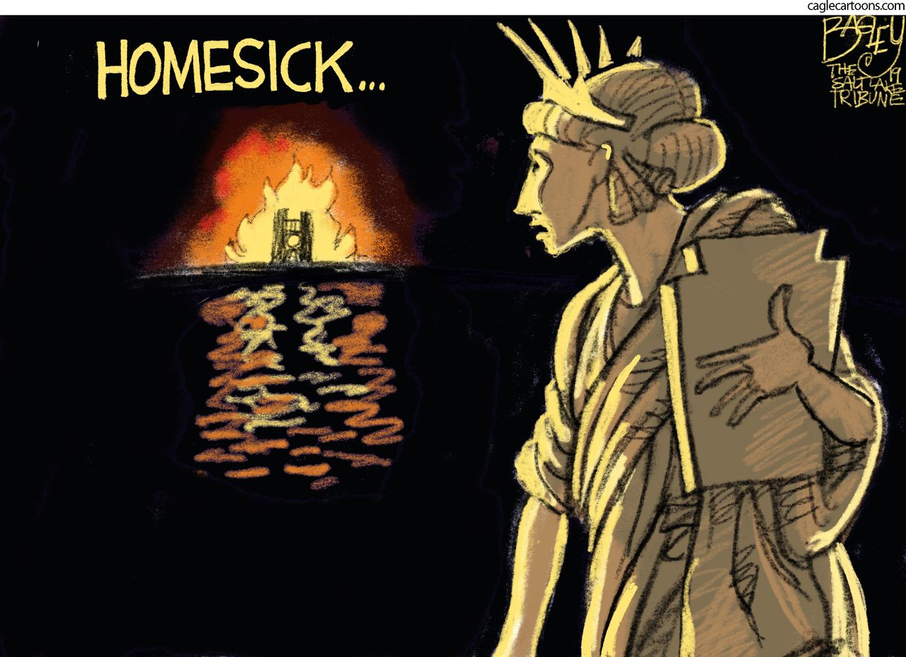 Editorial Cartoon World Lady Liberty Notre Dame fire