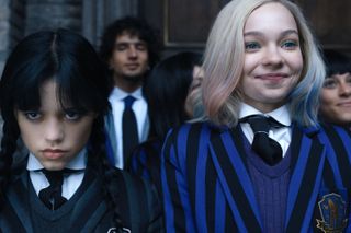 Jenna Ortega as Wednesday Addams, Emma Myers as Enid Sinclair in episode 102 of Wednesday.