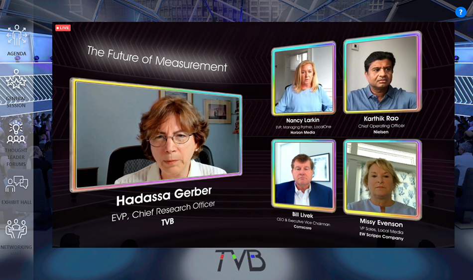 On the virtual TVB Forward conference’s “The Future of Measurement” panel: moderator Hadassa Gerber of TVB (l.) and panelists (r., clockwise from top l.) Nancy Larkin, Horizon Media; Karthik Rao, Nielsen; Bill Livek, Comscore; and Missy Evenson, E.W. Scripps.  