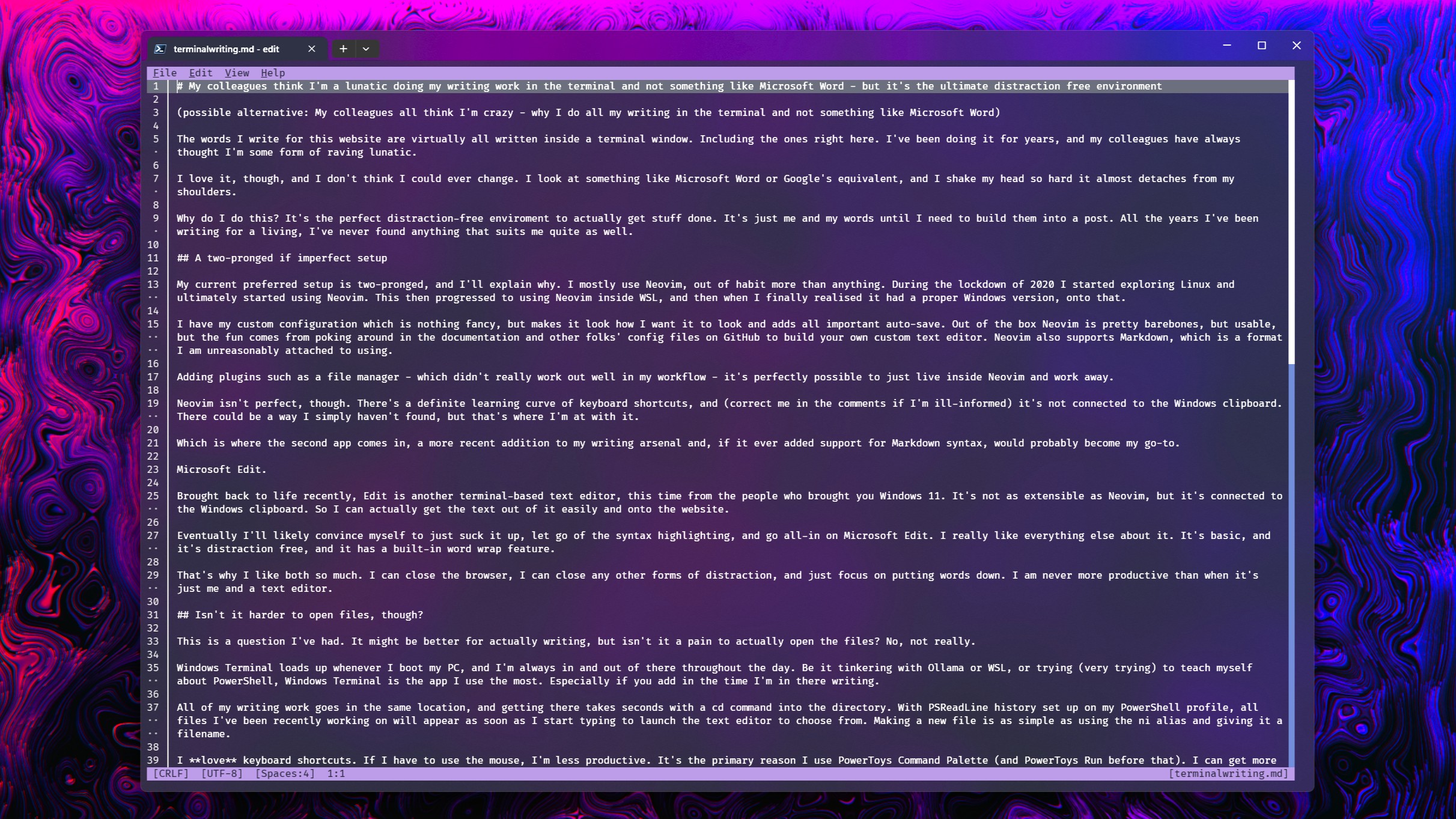 A text document open in Microsoft Edit inside Windows Terminal on Windows 11.