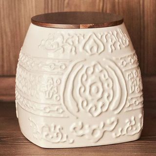 Ceramic, patterned storage canister with wood lid