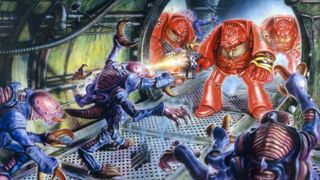 Space Marine Terminators engage Tyranids in the corridors of a Space Hulk in artwork from an early version of the game