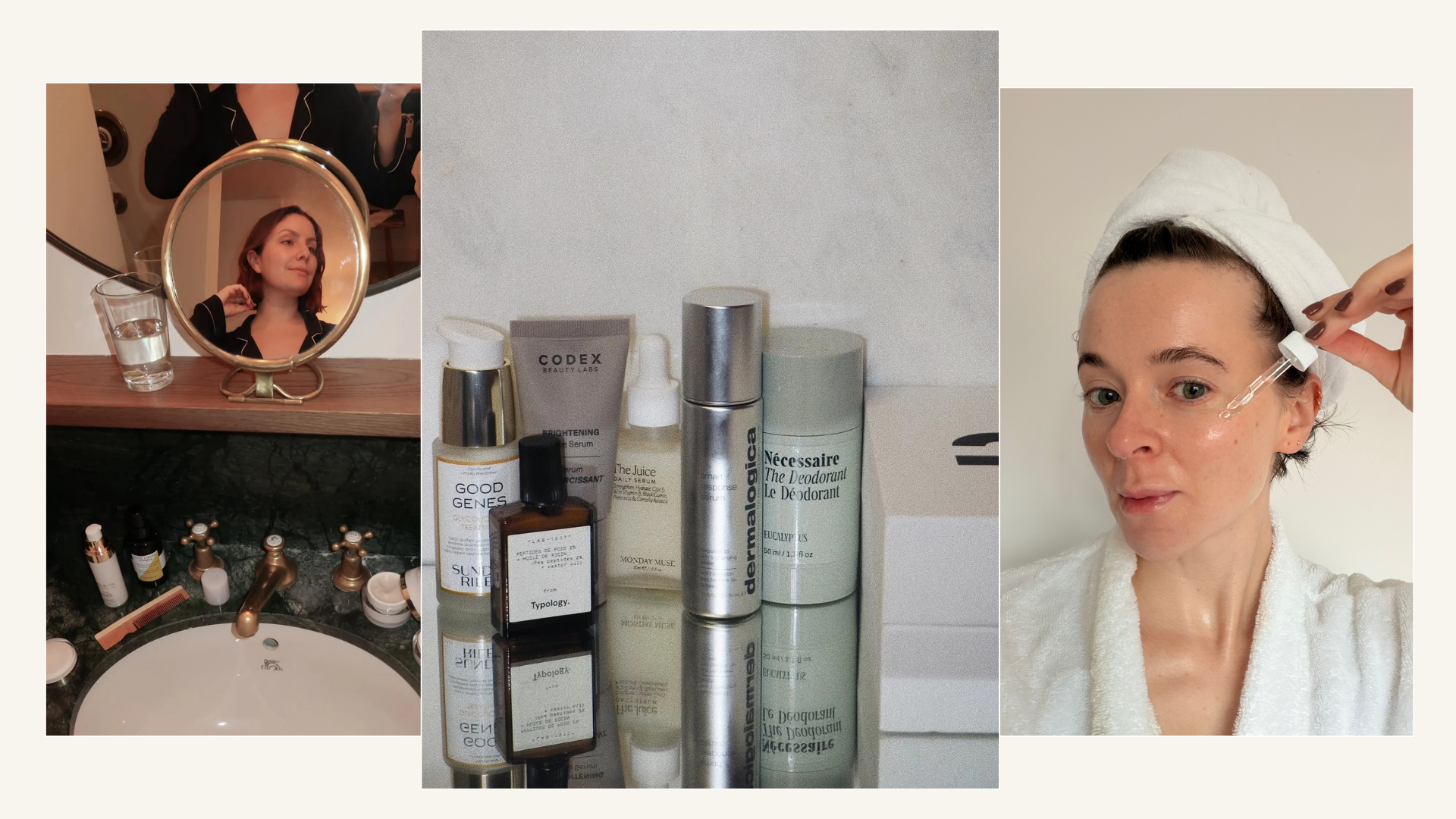 Two women applying skincare and a bathroom side filled with skincare products