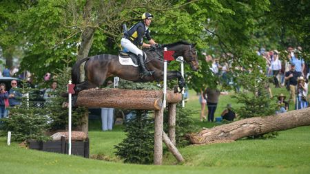Will Rawlin and Ballycoog Breaker Boy jump a cross-country fence at Badminton Horse Trials 2026.