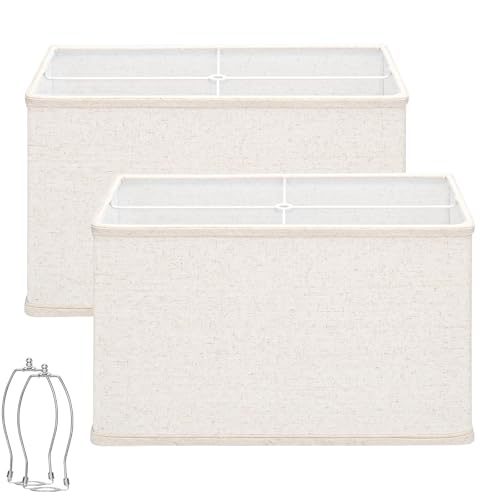 Rectangle Lamp Shades Set of 2, 16"l X 8"w X 10"h Large Beige Lampshades for Table Lamps Floor Lamps, Natural Linen Lamp Shade Replacement, Spider, Harp Holders Included, Easy Assembly Required