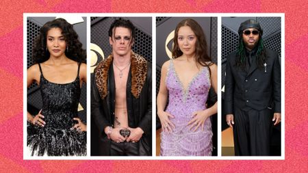 an image from L-R of Olivia Dean, Yungblud, Laufey, and Leon Thomas at the 2026 Grammys