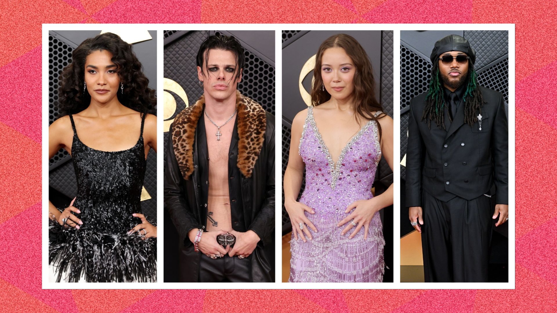 an image from L-R of Olivia Dean, Yungblud, Laufey, and Leon Thomas at the 2026 Grammys