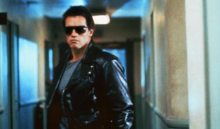 The Terminator T-800 stalking the corridor in his leather jacket and sunglasses