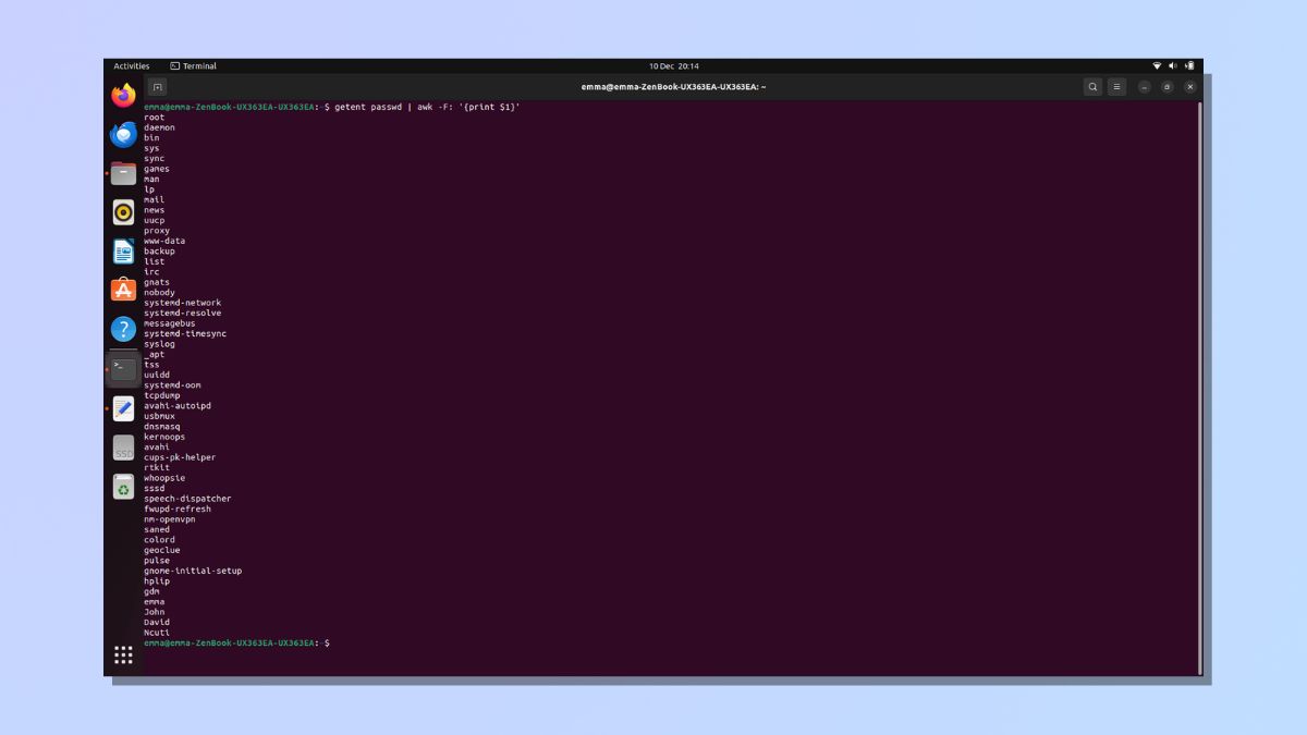 снимок экрана, показывающий, как составить список пользователей в Linux — создайте список только по именам