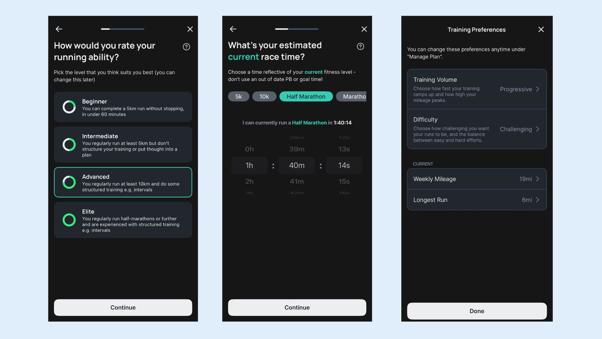 screenshots from the create a plan section of the Runna app where it asks about your current running ability, current race time for a distance and your training preferences