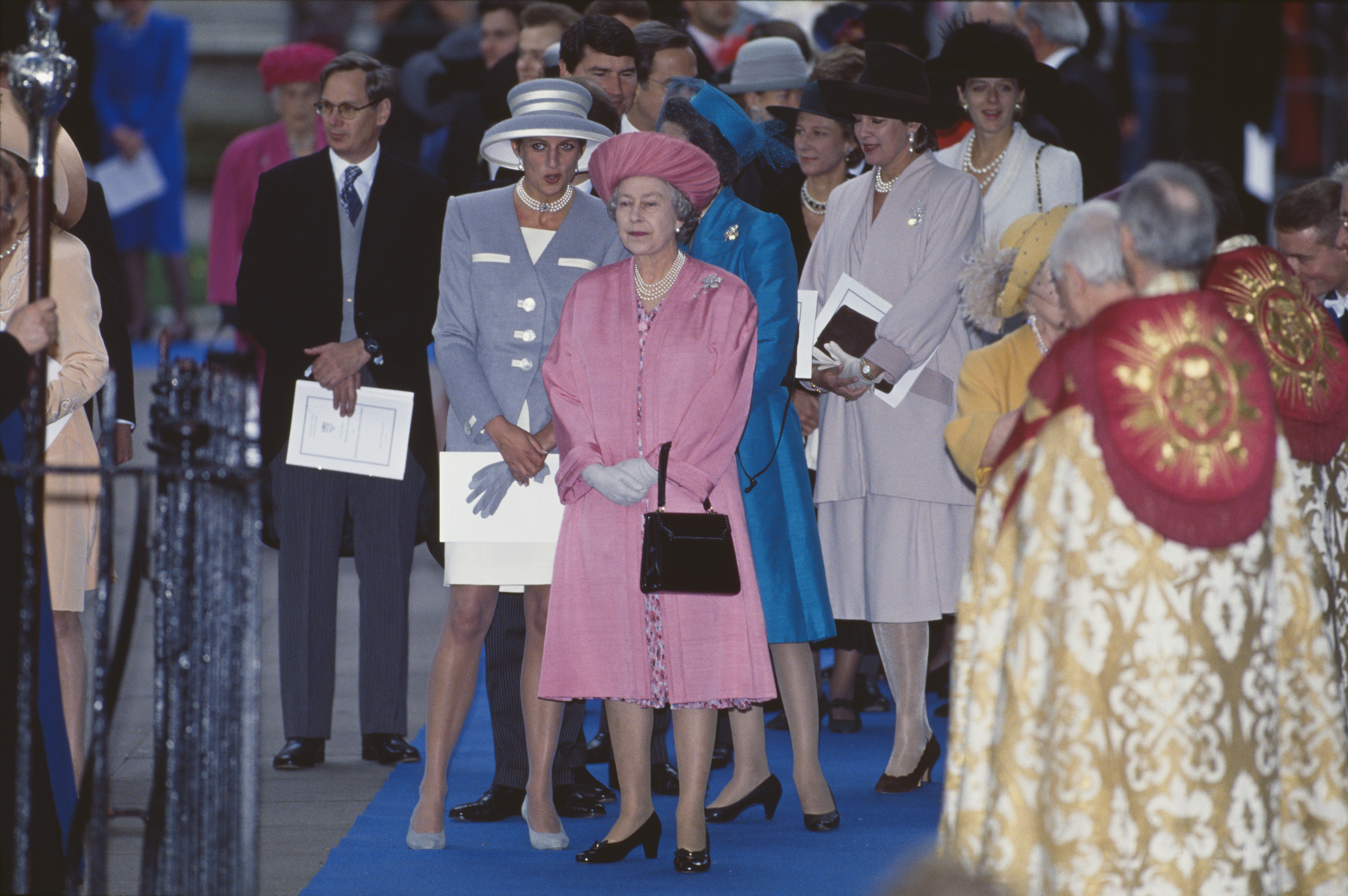 Princess Diana and Queen Elizabeth attending the wedding of Viscount Linley and Serena Stanhope, at the Church of St Margaret in October 1993