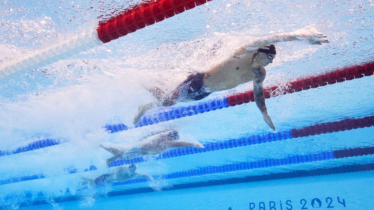 Swimmers in the 4x100m freestyle relay at the 2024 Summer Olympics.