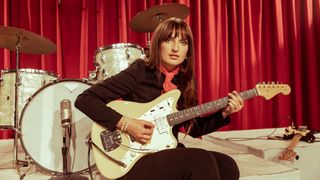 Madison Cunningham poses with a Fender Vintera II Jazzmaster electric guitar