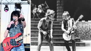 Rudy Sarzo, Ozzy Osbourne and Randy Rhoads: On the left, a colour live shot of Sarzo with his red Jazz Bass with polka-dot pickguard, holding the mic and addressing the crowd. On the right, Ozzy and Rhoads perform on the Diary of a Madman tour.
