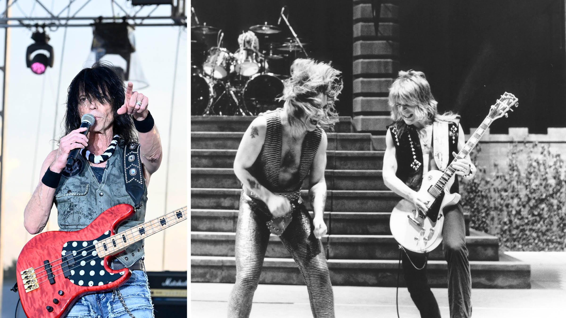 Rudy Sarzo, Ozzy Osbourne and Randy Rhoads: On the left, a colour live shot of Sarzo with his red Jazz Bass with polka-dot pickguard, holding the mic and addressing the crowd. On the right, Ozzy and Rhoads perform on the Diary of a Madman tour.