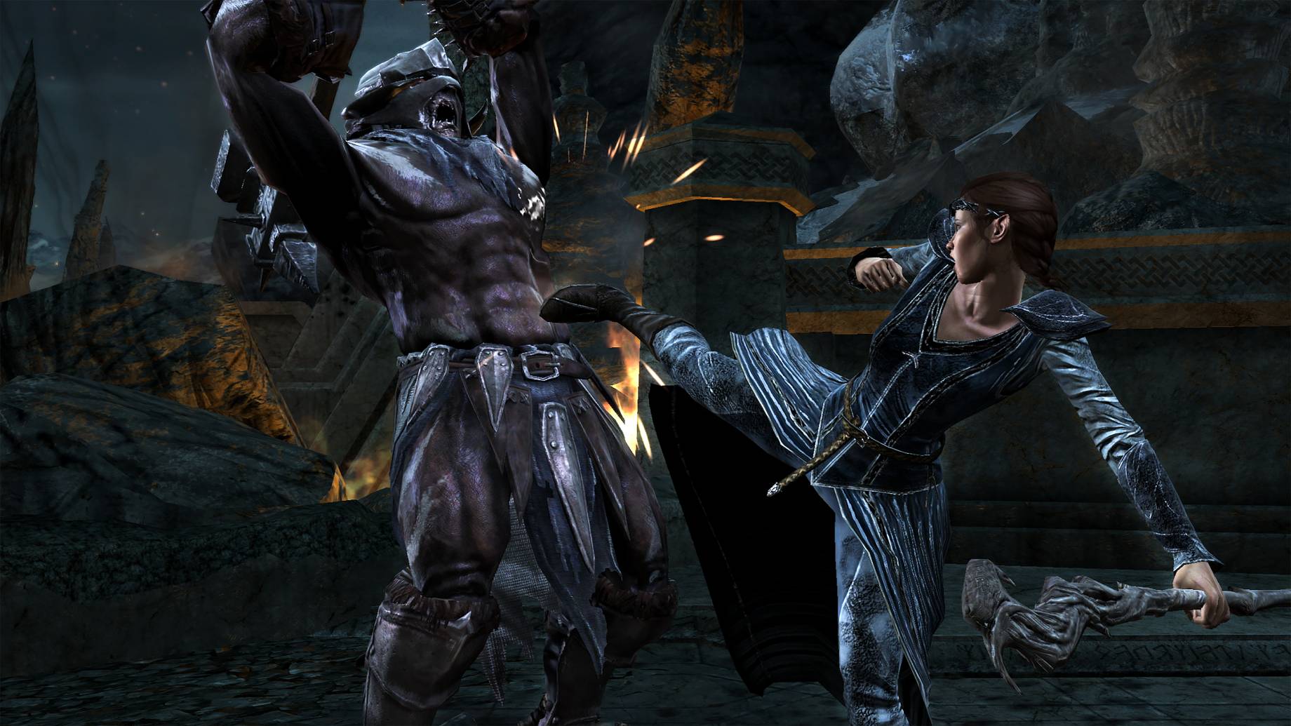 Andriel kicks an Uruk in War In The North