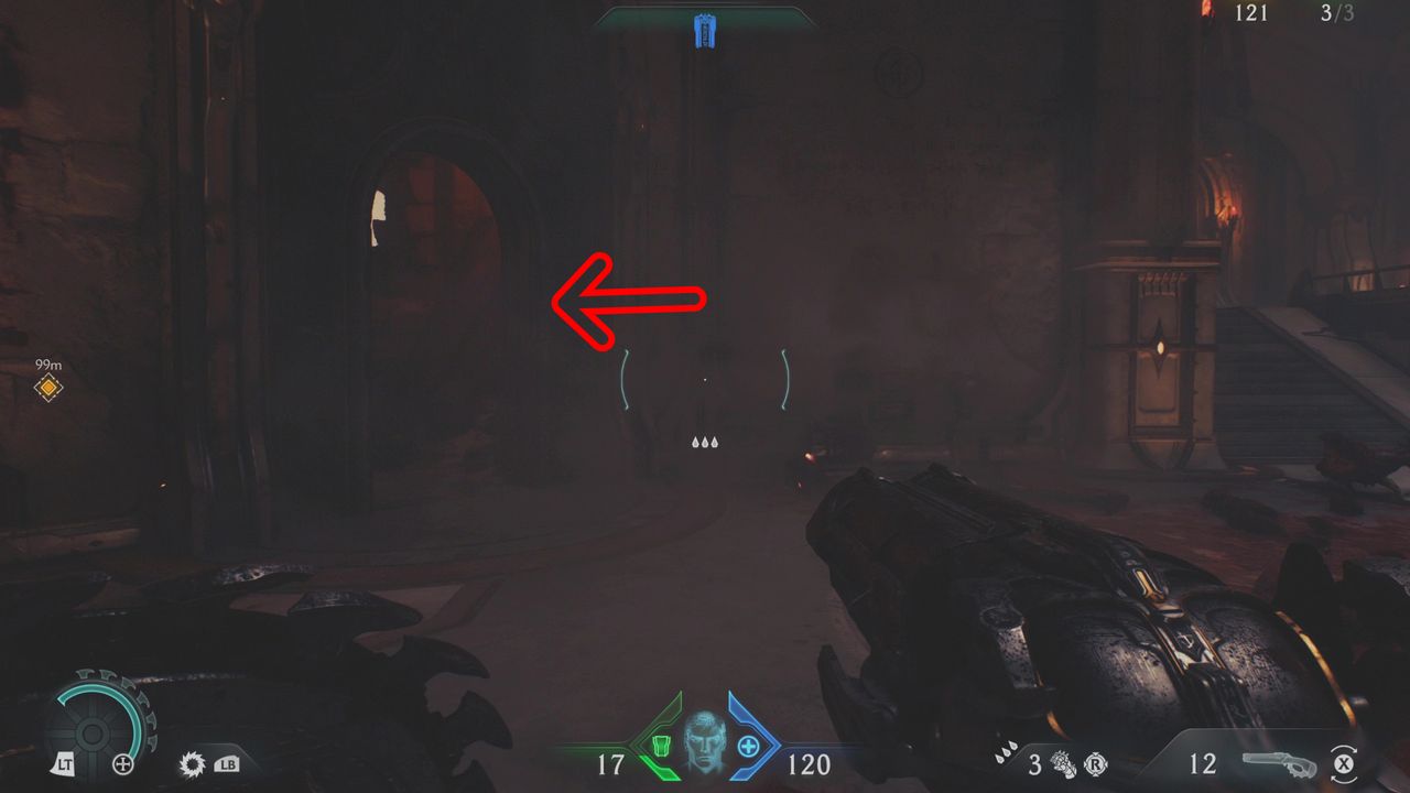 Doom: The Dark Ages Holy City of Aratum secrets - An arrow pointing towards a doorway in a castle, near to a staircase.