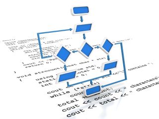 3D programming flow chart rises above programming printout.