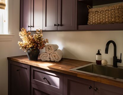A small laundry room with aubergine cabinets
