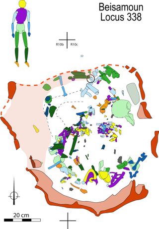 The researchers found the individual's bones in this arrangement in the burial pit.