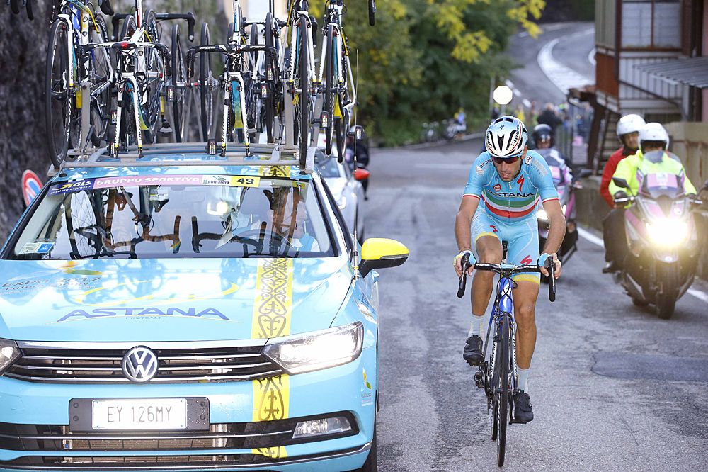 Vincenzo Nibali (Astana) and his team car for support in the solo breakaway