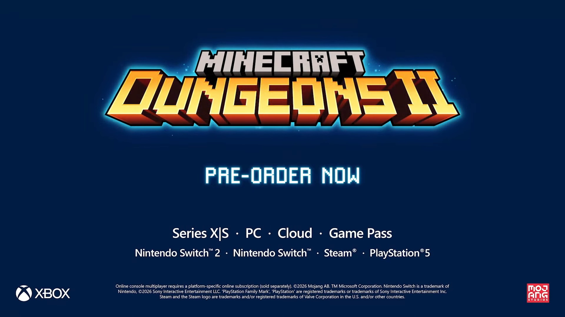 Promotional graphic for Minecraft Dungeons II, with a bold gold-and-orange logo on a dark blue background and &amp;ldquo;Pre-order now&amp;rdquo; text; platforms listed below.