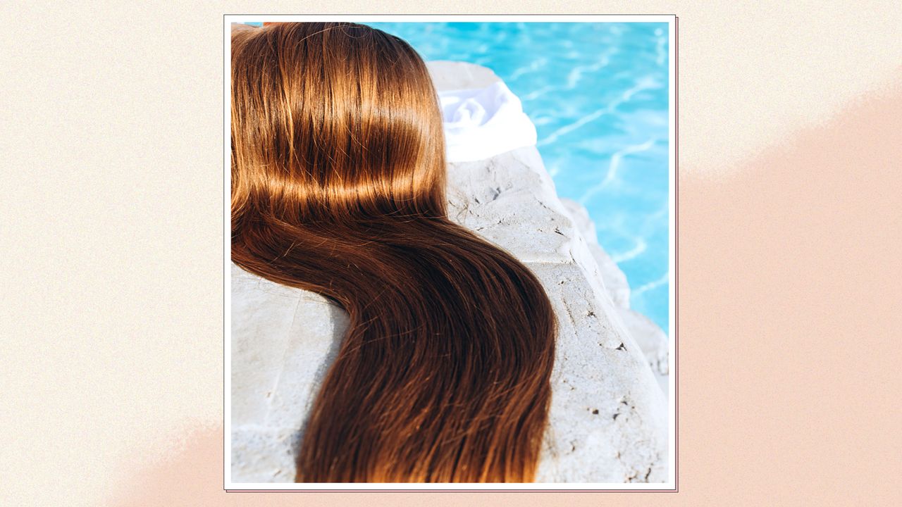 Image of shiny hair laying next to a pool, in a frame on a pink and cream watercolour-style background