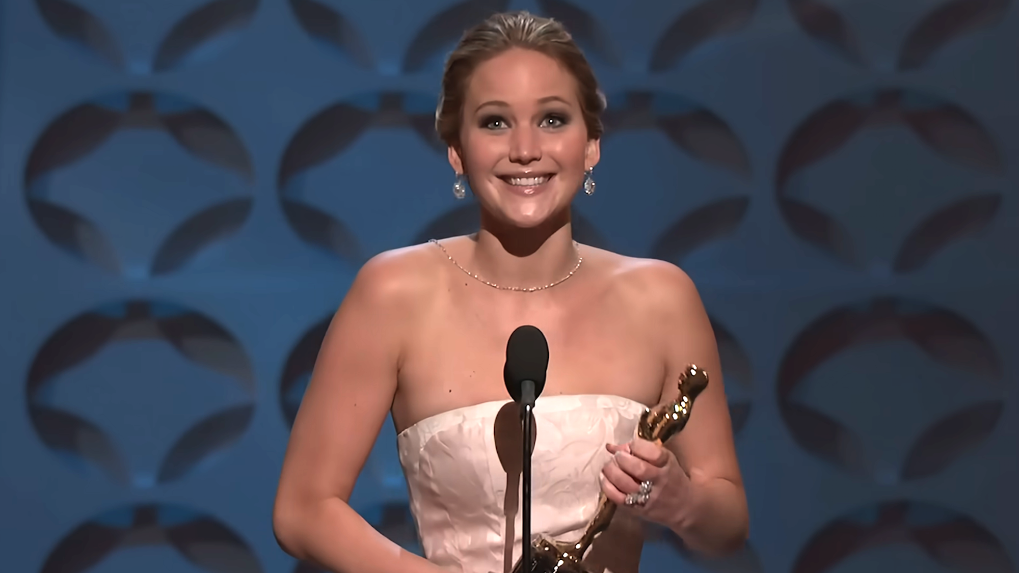 Jennifer Lawrence accepting her Oscar at the 2013 Academy Awards 