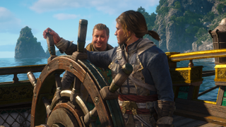 Black Flag Ultimate Ship Plans: Edward at the Jackdaw's wheel, turning to face Stede Bonnet to his right.