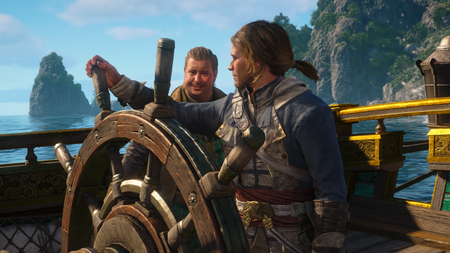 Black Flag Ultimate Ship Plans: Edward at the Jackdaw's wheel, turning to face Stede Bonnet to his right.