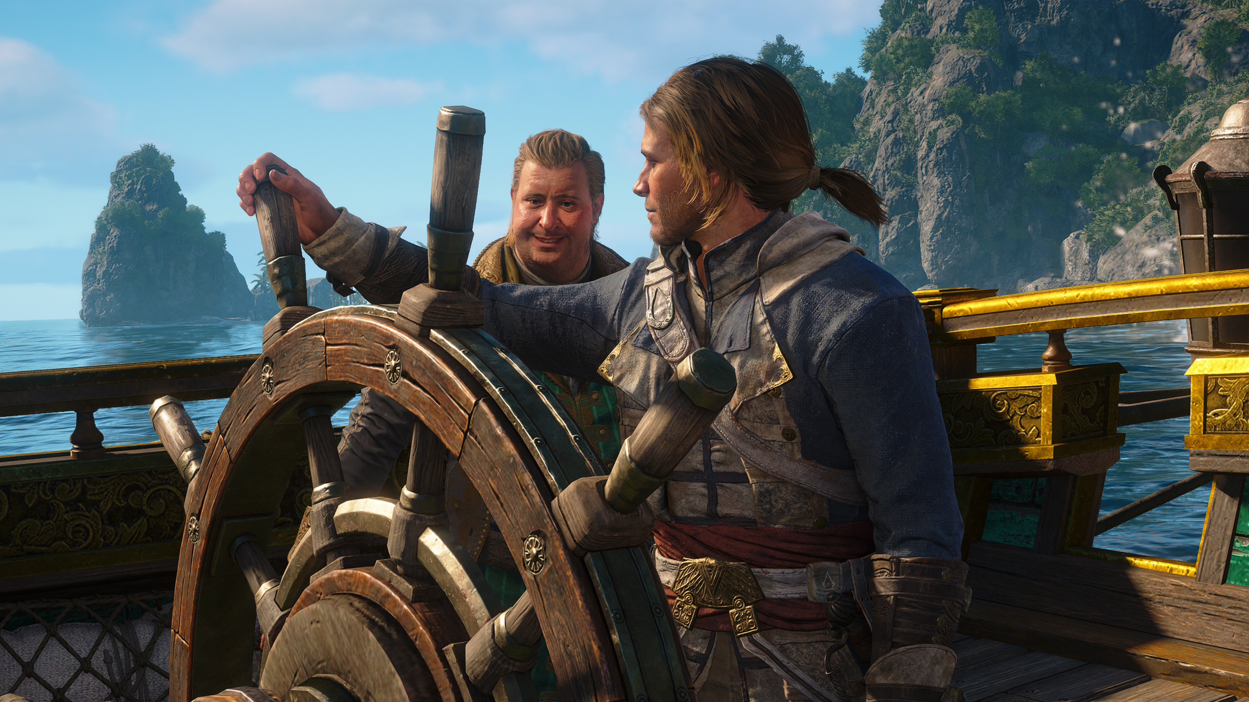 Black Flag Ultimate Ship Plans: Edward at the Jackdaw's wheel, turning to face Stede Bonnet to his right.