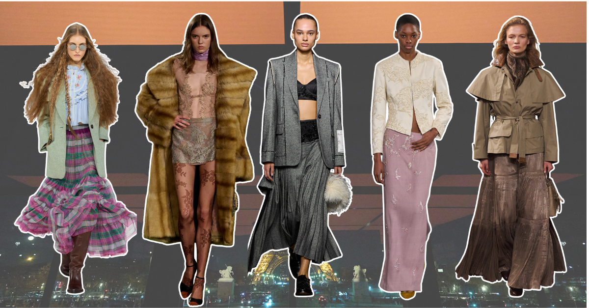 An image of five various skirt trends for autumn 2026, including boho skirts, lace skirts, asymmetric hems and embellished skirts