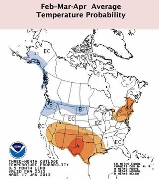 This map shows areas that are likely to have warmer than average temperatures in shades of orange, with darker colors corresponding to greater likelihoods (33 means a 33% chance for above average temps). Blue areas show where there may be lower-than-avera