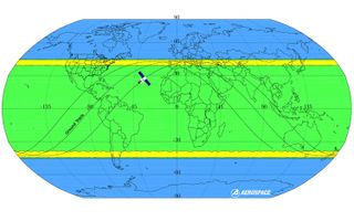 China's Tiangong-1 space station is predicted to fall somewhere between the latitudes of 42.8 degrees north and 42.8 degrees south, the area shaded in yellow and green here.