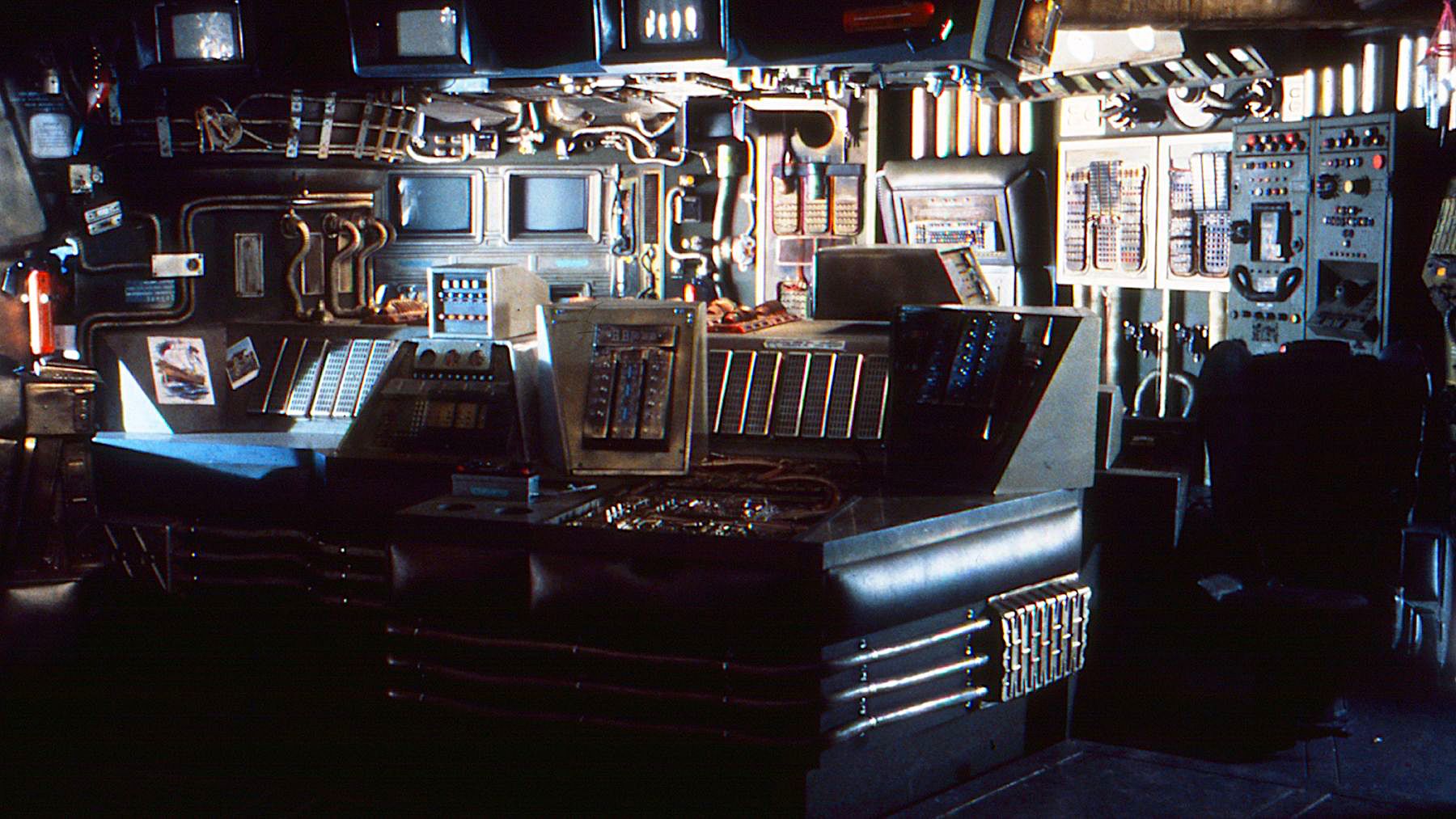 the grungy interior of a spaceship movie set