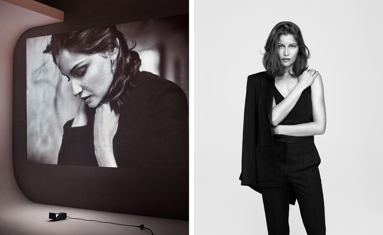 LEFT: projected image of a model&#039;s portrait displayed in black and white. RIGH: Black and white image of a model wearing all black and photographed against a white background