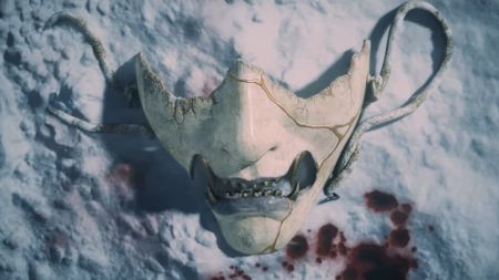 Ghost of Yotei mask in bloodied snow