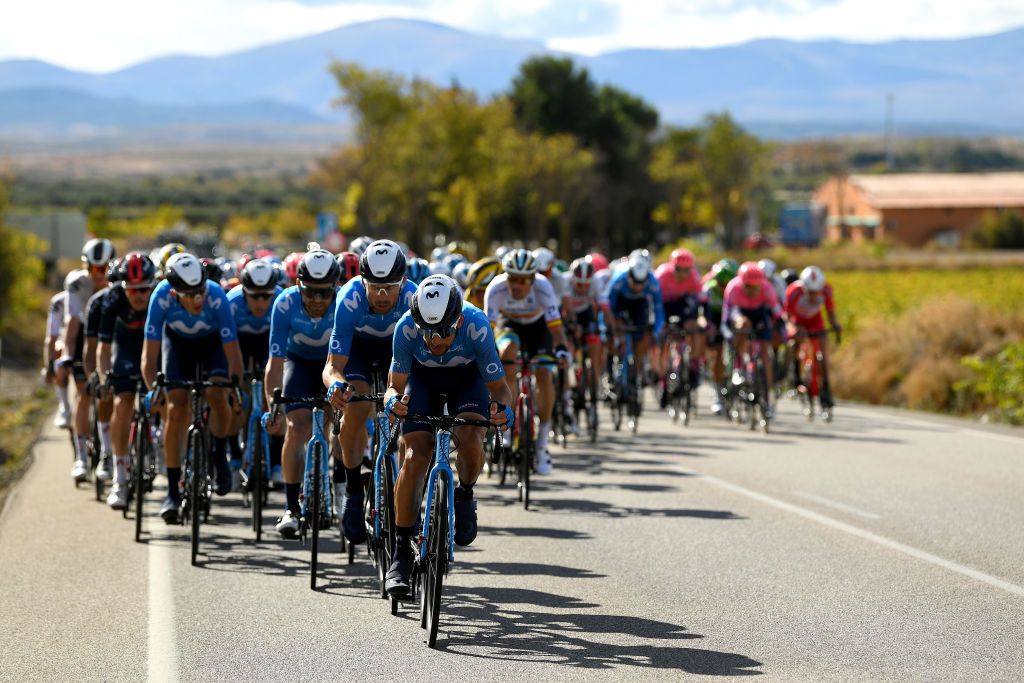 EJEADELOSCABALLEROS SPAIN OCTOBER 23 Nelson Oliveira of Portugal and Movistar Team Imanol Erviti of Spain and Movistar Team Jose Joaquin Rojas Gil of Spain and Movistar Team Marc Soler Gimenez of Spain and Movistar Team Peloton during the 75th Tour of Spain 2020 Stage 4 a 1917km stage from Garray Numancia to Ejea de los Caballeros lavuelta LaVuelta20 La Vuelta on October 23 2020 in Ejea de los Caballeros Spain Photo by David RamosGetty Images