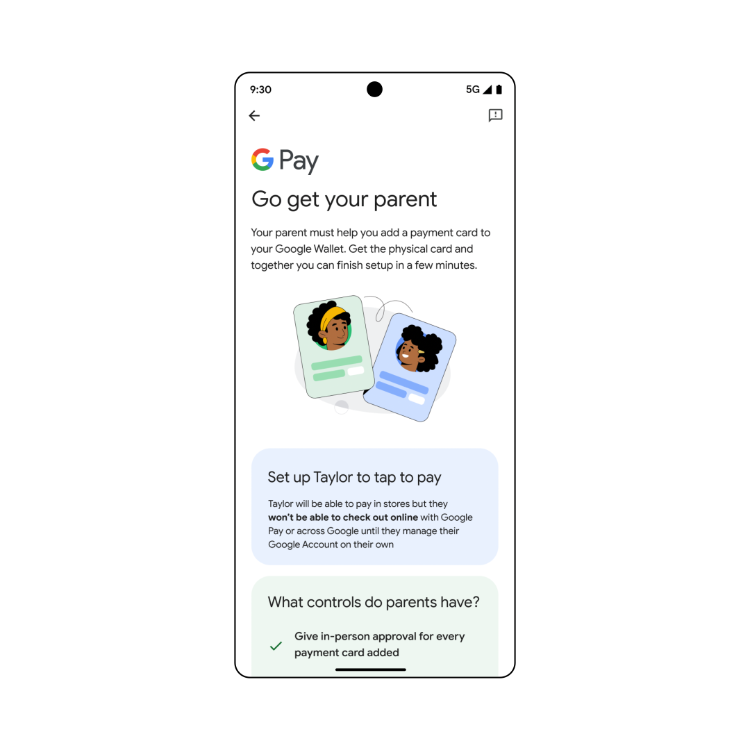 Google Wallet interface for allowing kids to use tap-to-pay