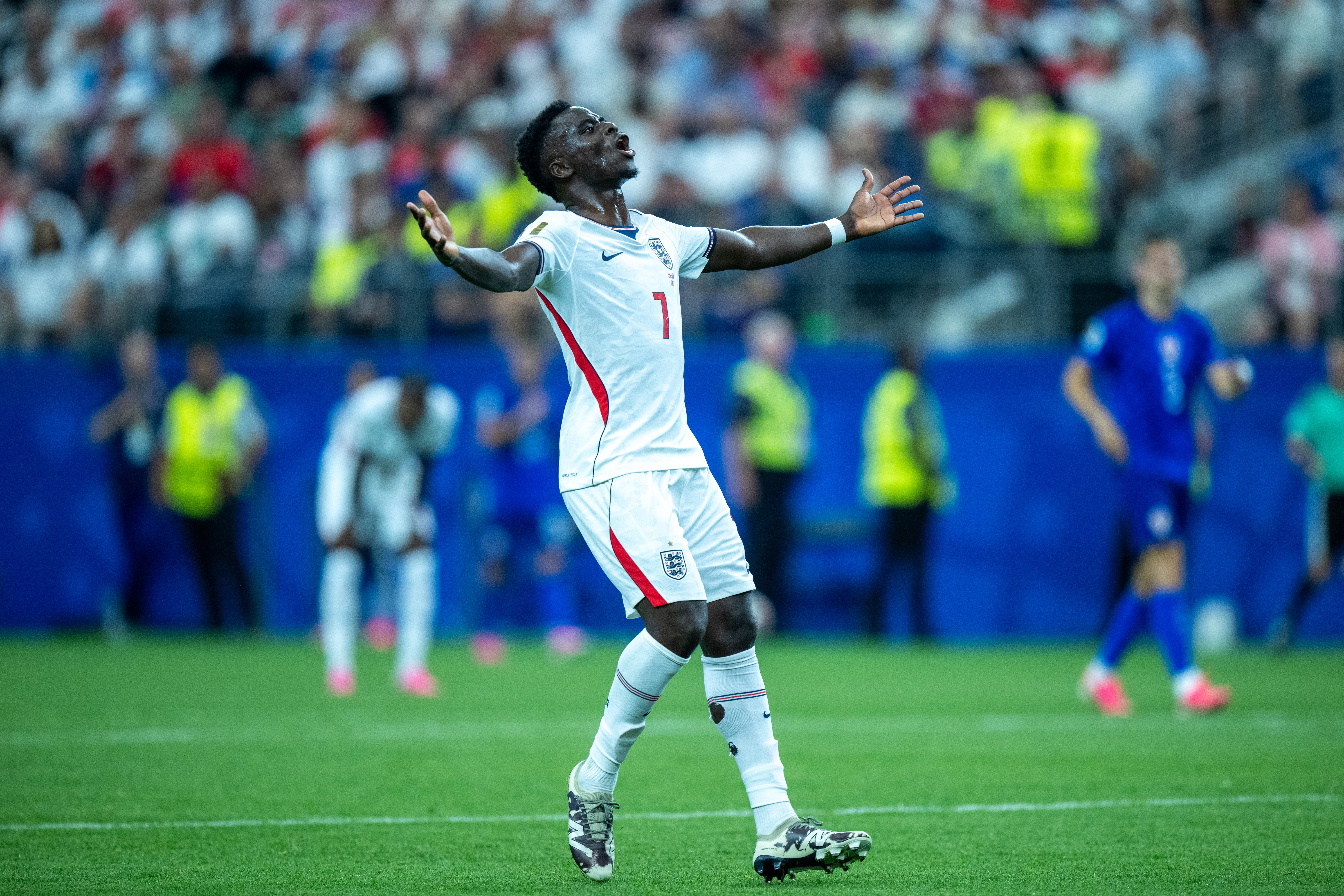 DALLAS, TEXAS - JUNE 17: Bukayo Saka of England reacts during the FIFA World Cup 2026 Group L match between England and Croatia at Dallas Stadium on June 17, 2026 in Dallas, United States. (Photo by Sebastian Frej/Getty Images)