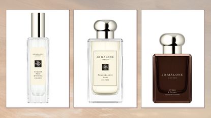 A collage of Jo Malone London perfumes, including English Pear & Freesia, Pomegranate Noir and Myrrh & Tonka Intense/ in a beige to grey sunset-style template