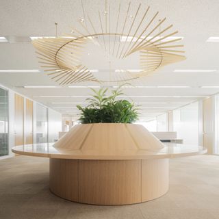 Circular light fitting and wooden desk featuring a plant at Cartier Japan HQ
