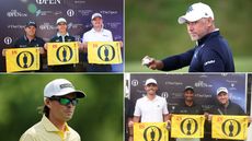 (top left) Patrick Reed, Carlos Ortiz and Jason Kokrak all hold up Open pin flags, (top right) Lee Westwood holds his ball up to the crowd, (bottom left) Rickie Fowler looks on through sunglasses and (bottom right) Marco Penge, Dylan Naidoo and Darren Fichardt hold up Open pin flags