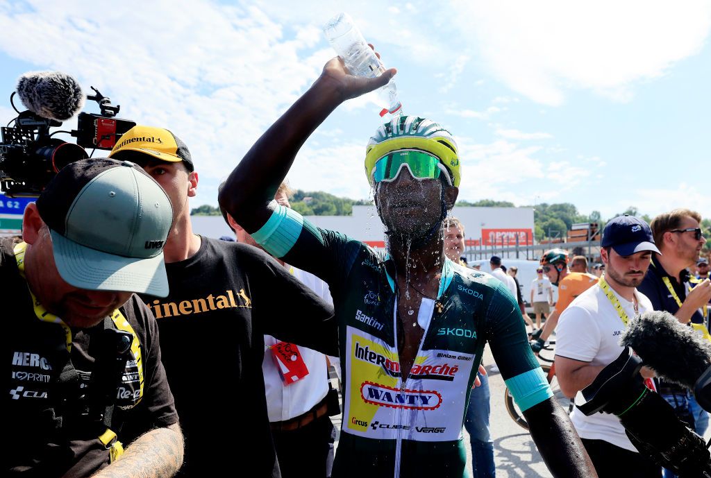 VILLENEUVESURLOT FRANCE JULY 11 Stage winner Biniam Girmay of Eritrea and Team Intermarche Wanty Green Sprint Jersey reacts after the 111th Tour de France 2024 Stage 12 a 2036km stage from Aurillac to VilleneuvesurLot UCIWT on July 11 2024 in VilleneuvesurLot France Photo by Guillaume Horcajuelo PoolGetty Images
