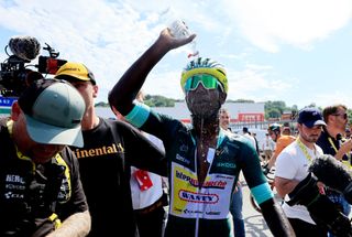 VILLENEUVESURLOT FRANCE JULY 11 Stage winner Biniam Girmay of Eritrea and Team Intermarche Wanty Green Sprint Jersey reacts after the 111th Tour de France 2024 Stage 12 a 2036km stage from Aurillac to VilleneuvesurLot UCIWT on July 11 2024 in VilleneuvesurLot France Photo by Guillaume Horcajuelo PoolGetty Images